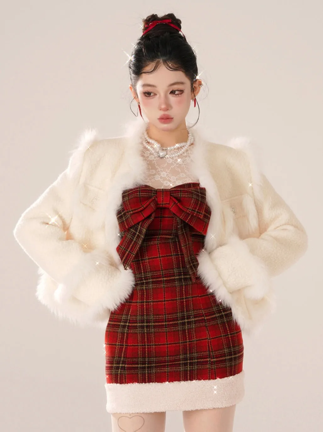 Bear Dress Suspender Red Collar Gummy Check   Tops Inner Lace
