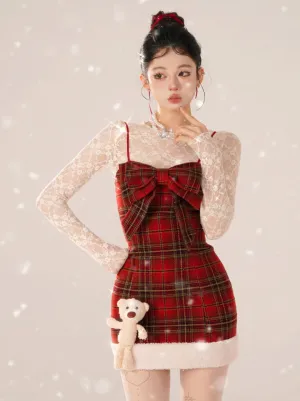Bear Dress Suspender Red Collar Gummy Check   Tops Inner Lace
