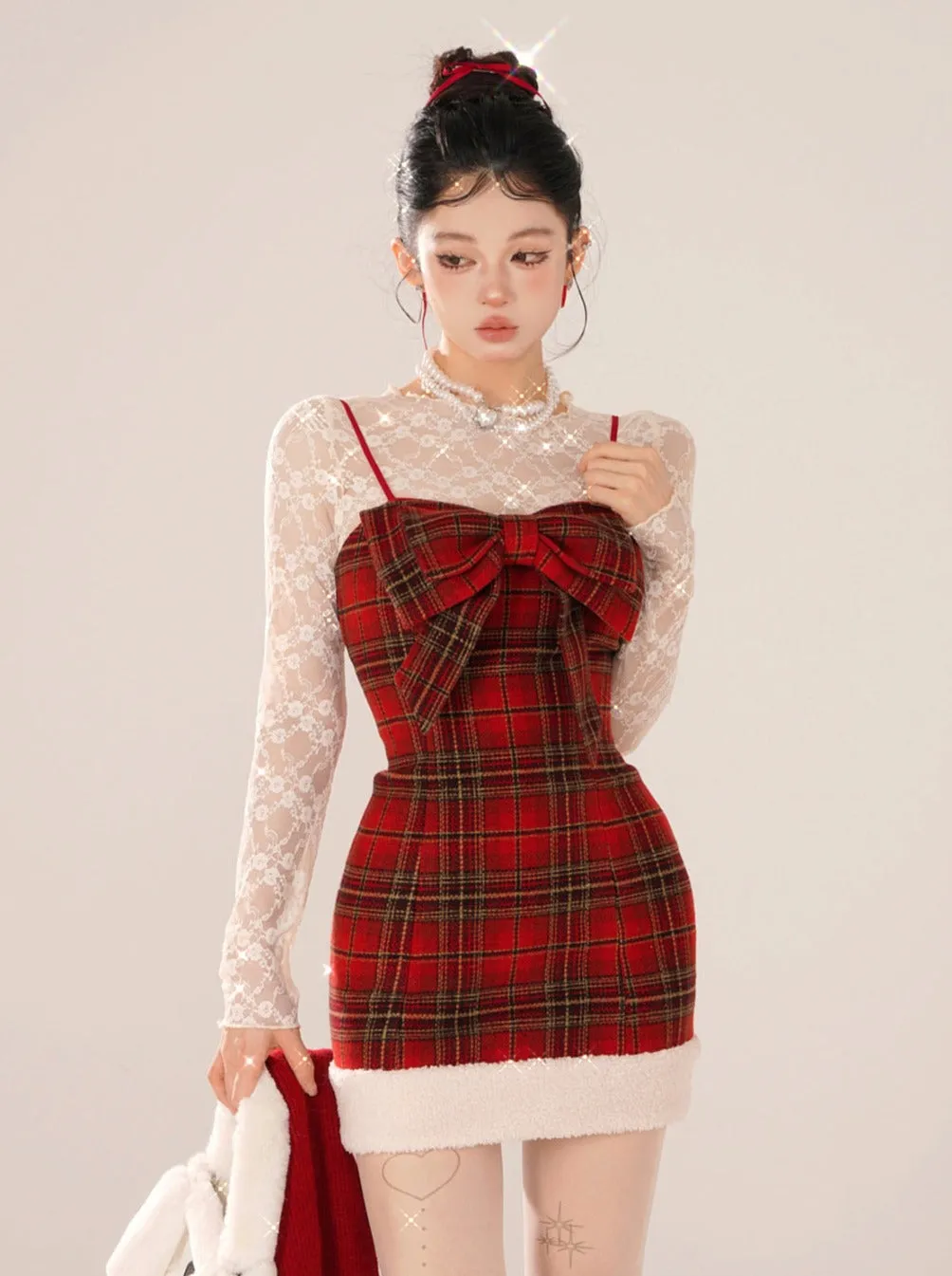 Bear Dress Suspender Red Collar Gummy Check   Tops Inner Lace