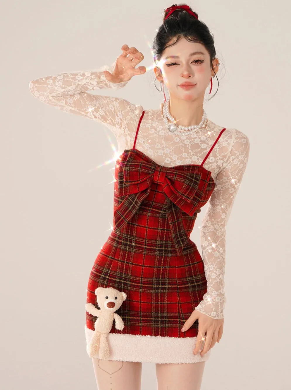 Bear Dress Suspender Red Collar Gummy Check   Tops Inner Lace