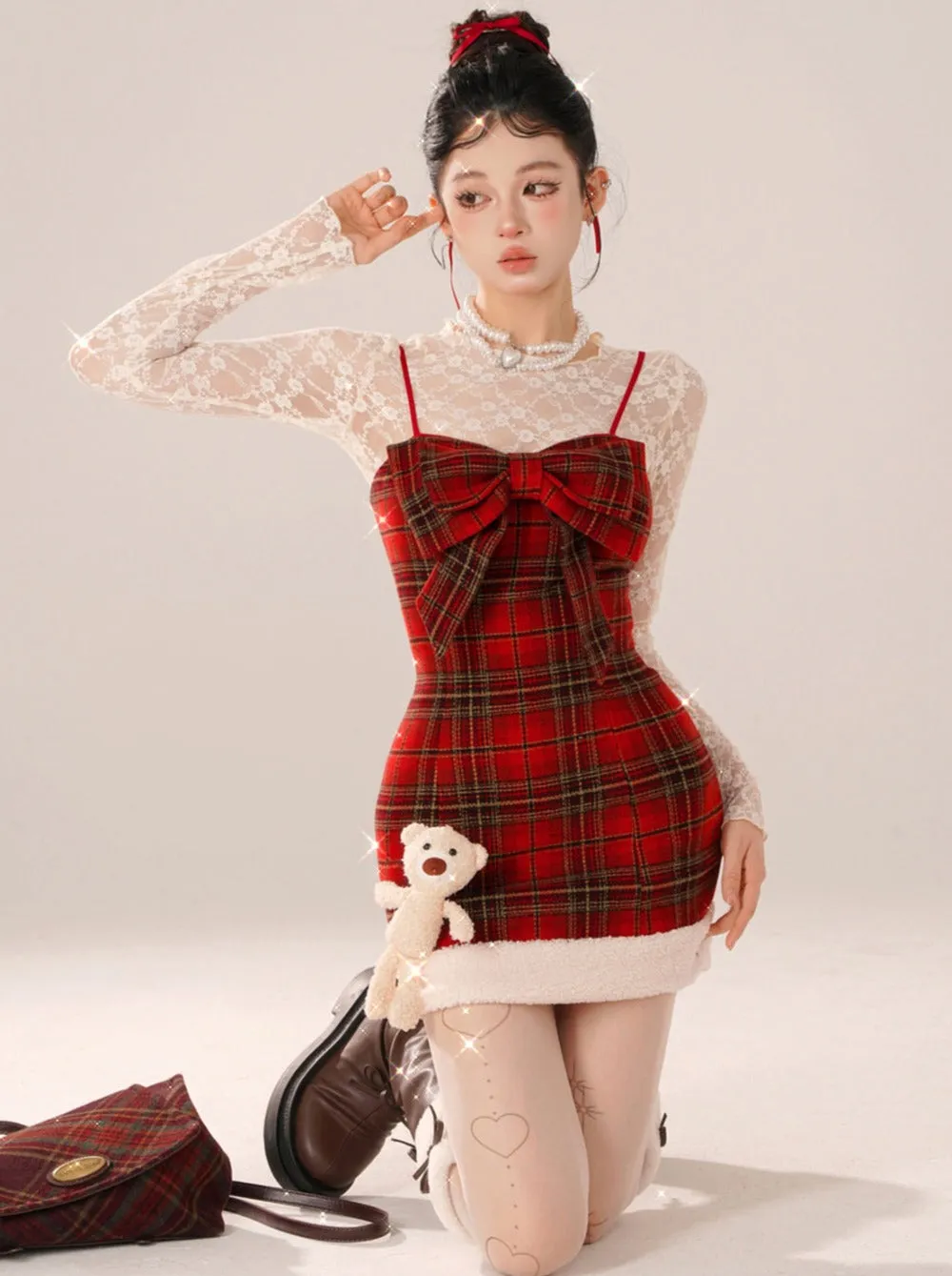 Bear Dress Suspender Red Collar Gummy Check   Tops Inner Lace