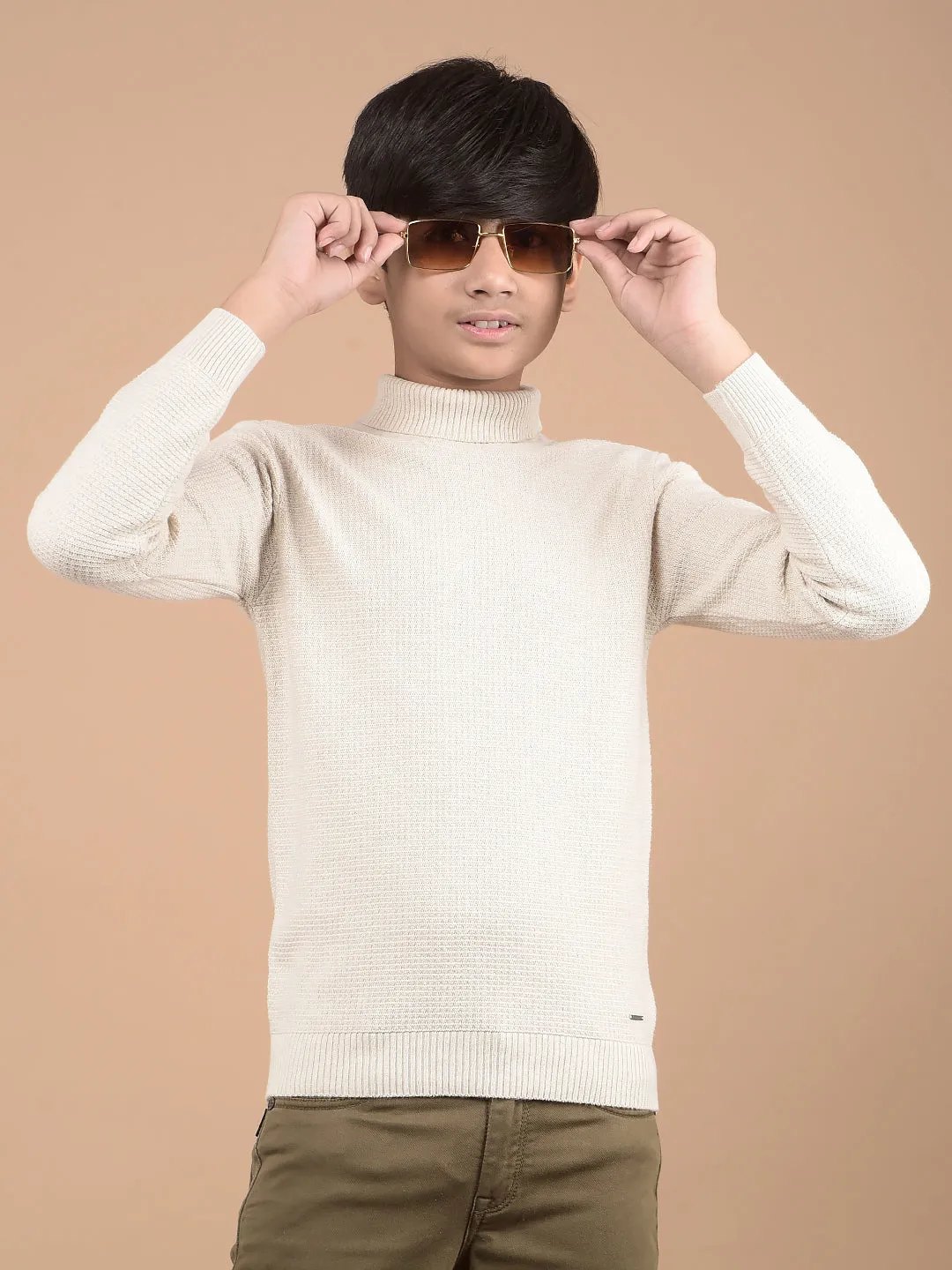 Beige High Neck 100% Cotton Sweater