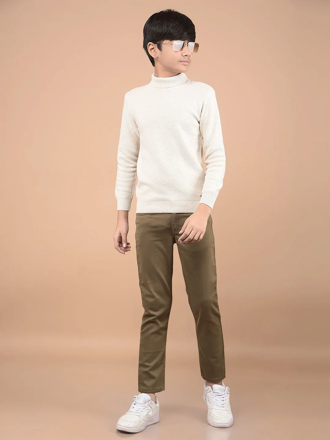 Beige High Neck 100% Cotton Sweater