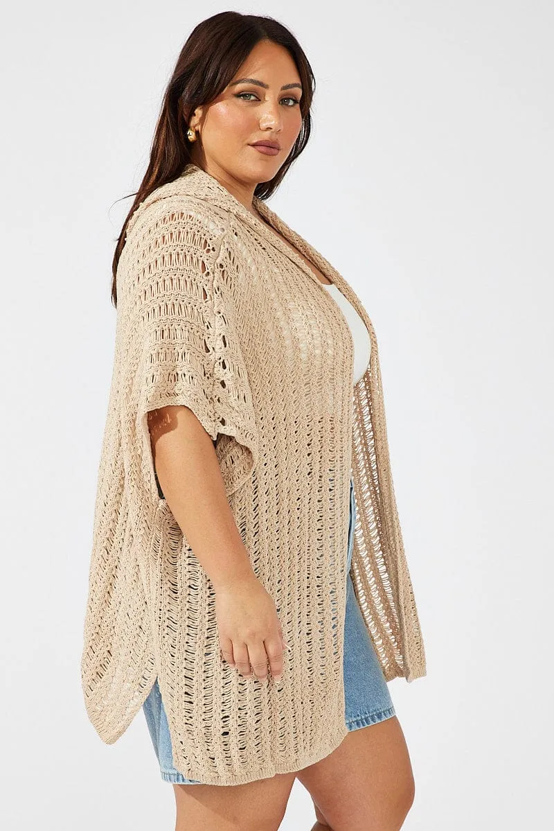 Beige Hooded Crochet Cardigan Short Sleeve