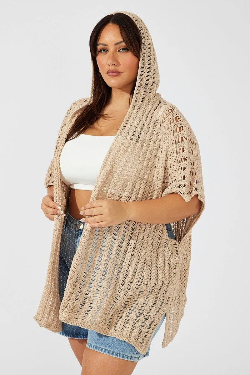 Beige Hooded Crochet Cardigan Short Sleeve
