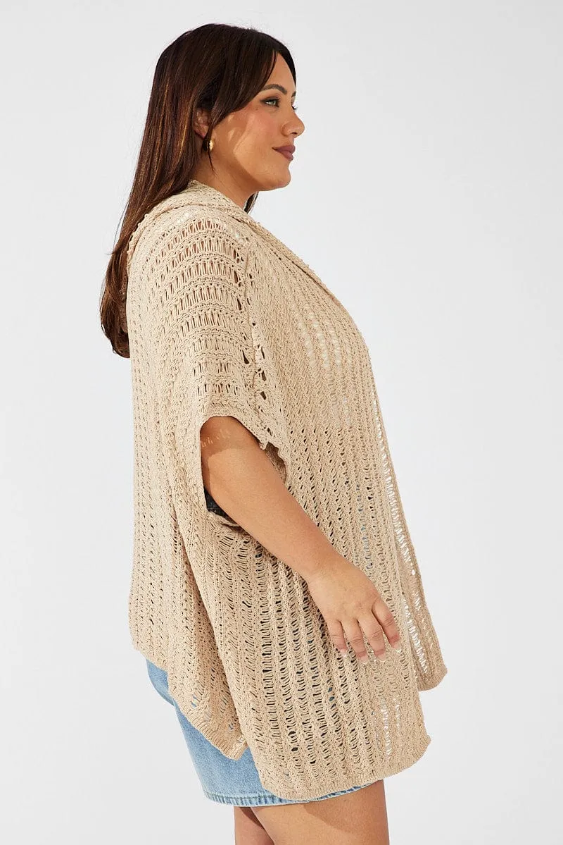 Beige Hooded Crochet Cardigan Short Sleeve