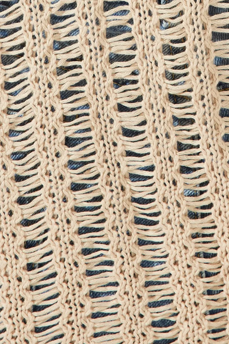 Beige Hooded Crochet Cardigan Short Sleeve