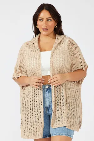 Beige Hooded Crochet Cardigan Short Sleeve