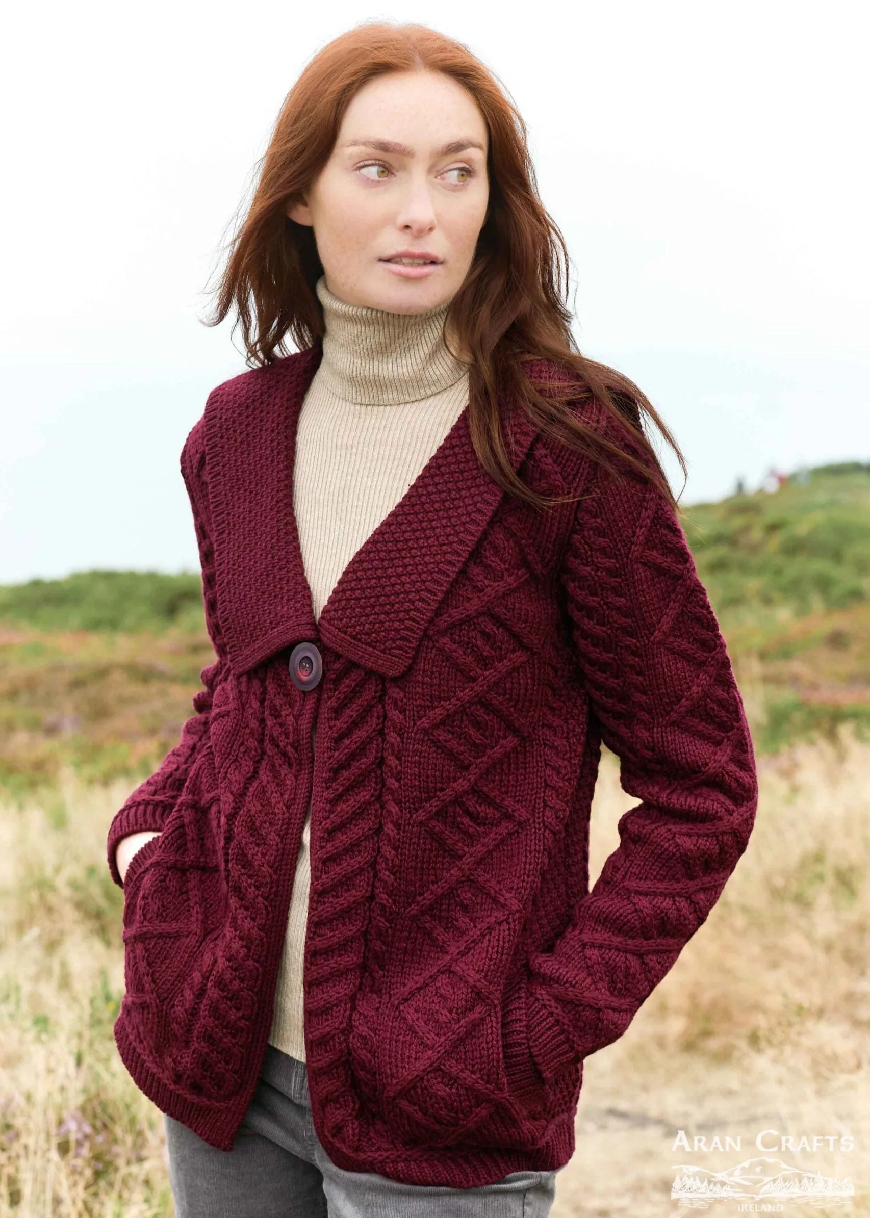 Beltra One Button Aran Cardigan | Wine