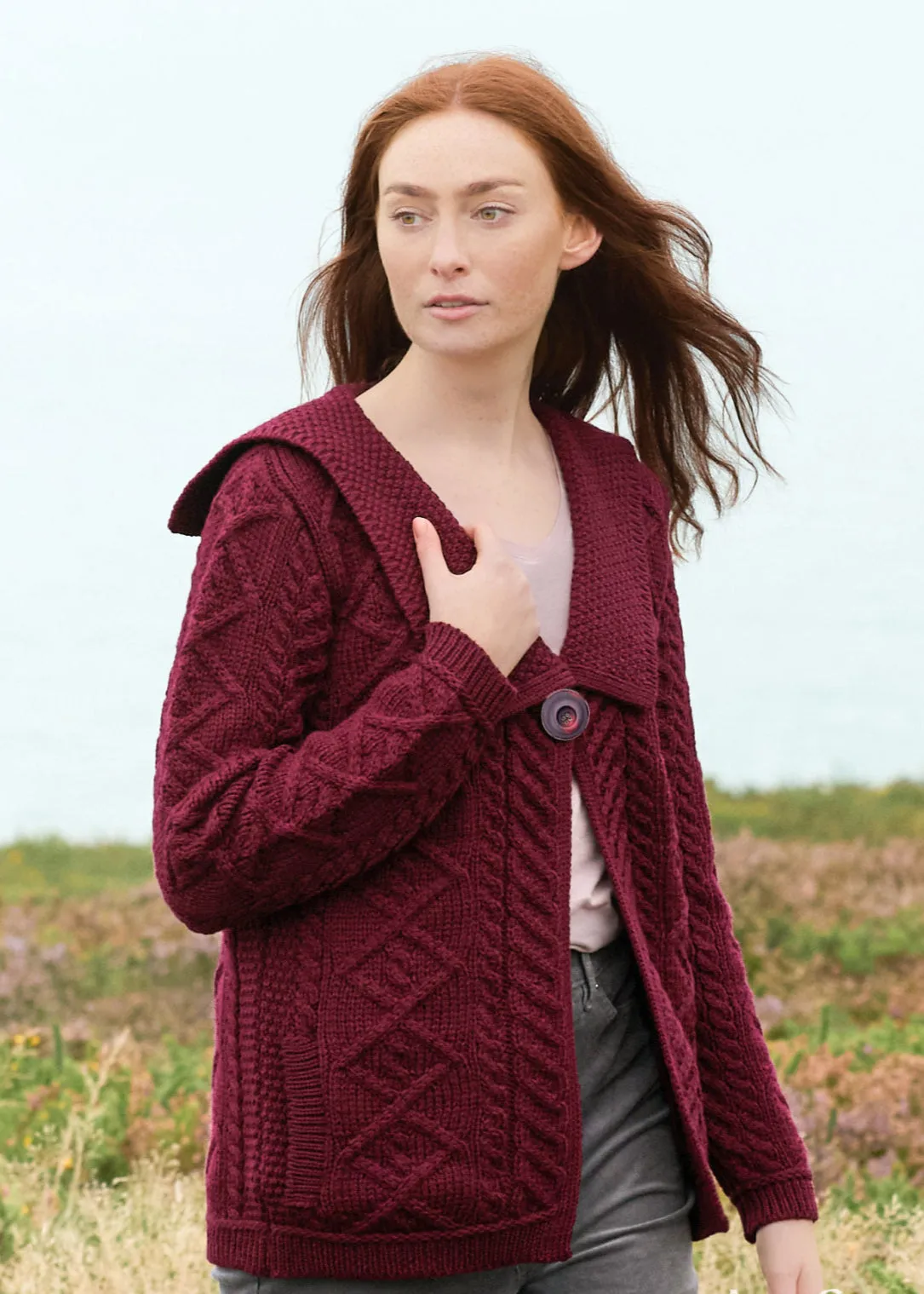 Beltra One Button Aran Cardigan | Wine