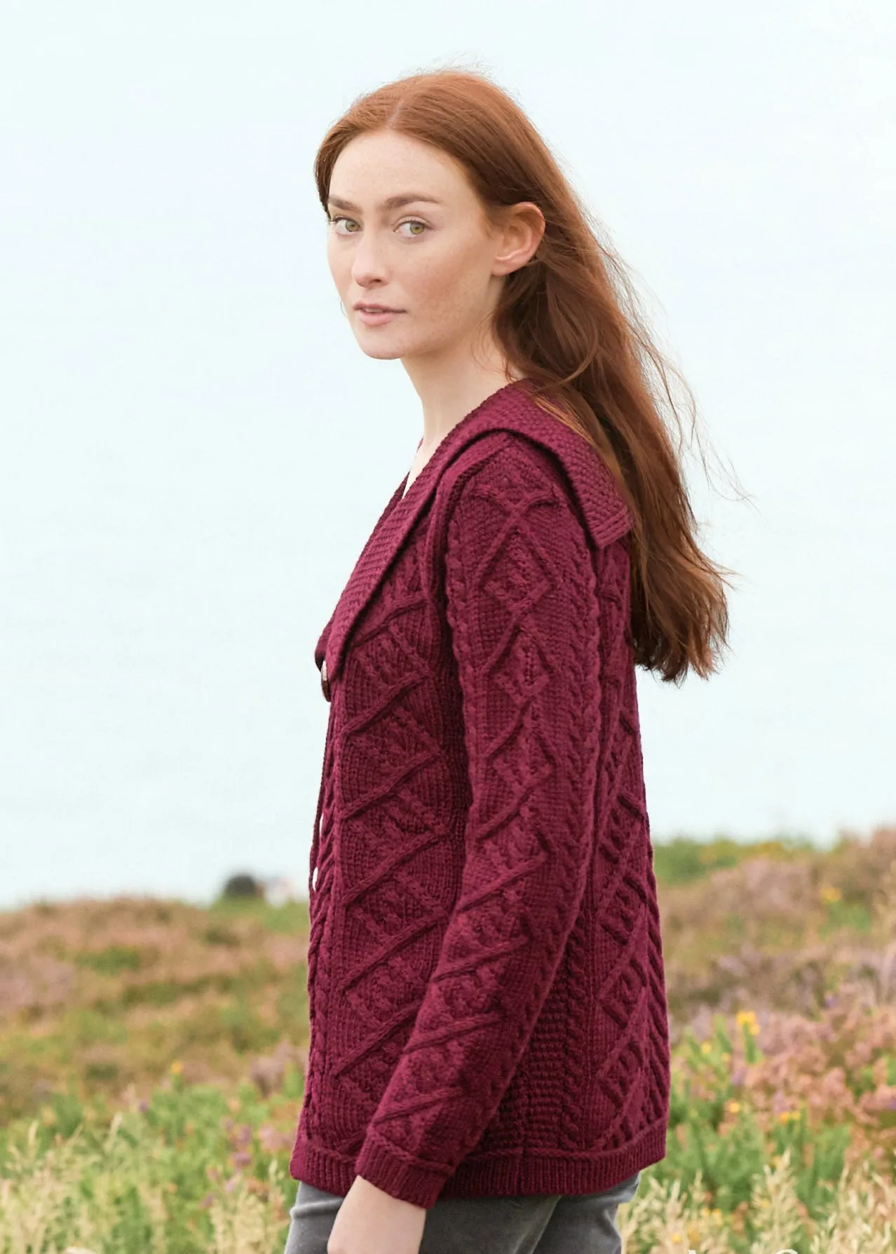 Beltra One Button Aran Cardigan | Wine