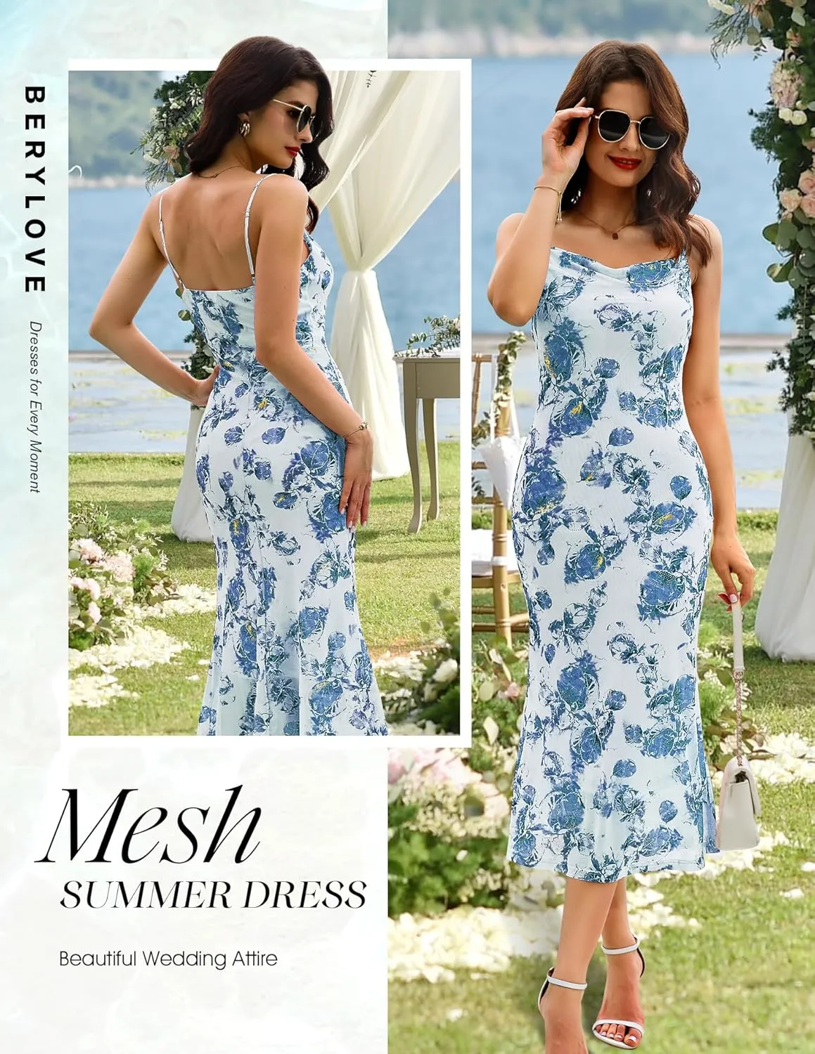BeryLove Summer Wedding Guest Mesh Dresses Formal Spaghetti Strap Beach Dress