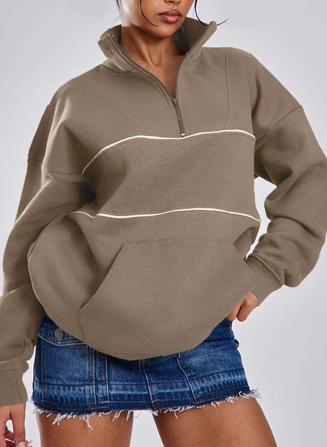 BLENCOT Women's Casual Striped Half Zip Up Drop Shoulder Sweatshirt Oversized Long Sleeve Pullover Tops with Pockets