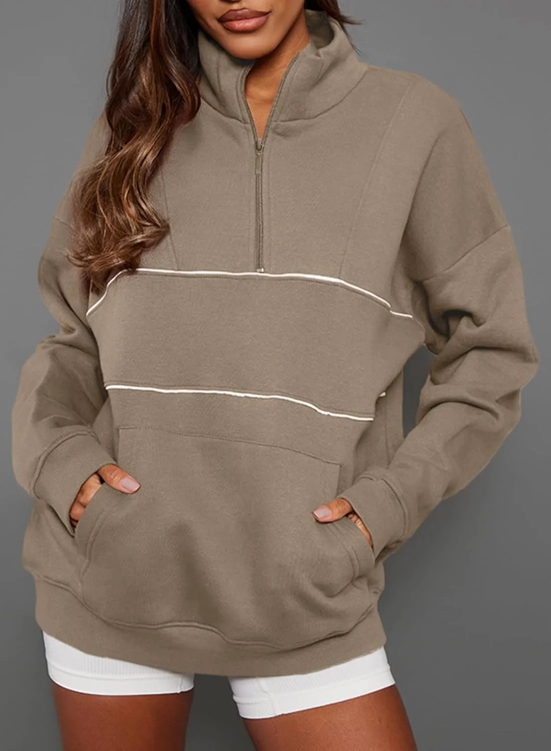 BLENCOT Women's Casual Striped Half Zip Up Drop Shoulder Sweatshirt Oversized Long Sleeve Pullover Tops with Pockets