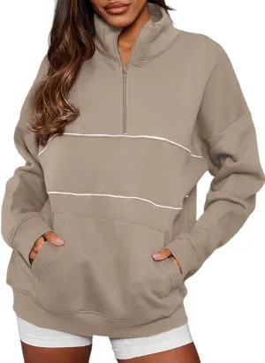 BLENCOT Women's Casual Striped Half Zip Up Drop Shoulder Sweatshirt Oversized Long Sleeve Pullover Tops with Pockets