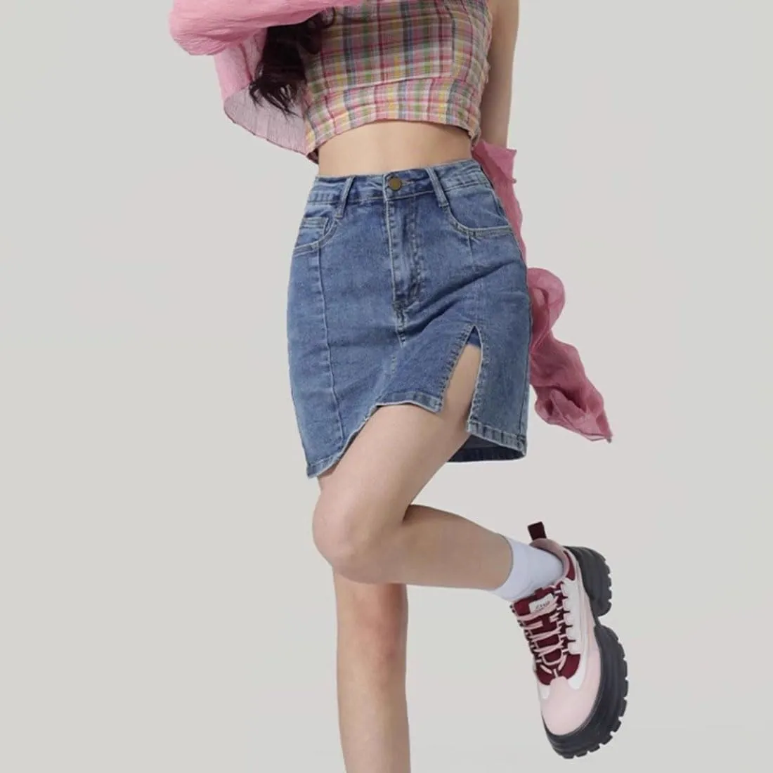 Bloomy Jean Skorts, Woman Fashion High Waisted Casual Stretchy Denim Skirt Side Split Mini Skirts with Pocket