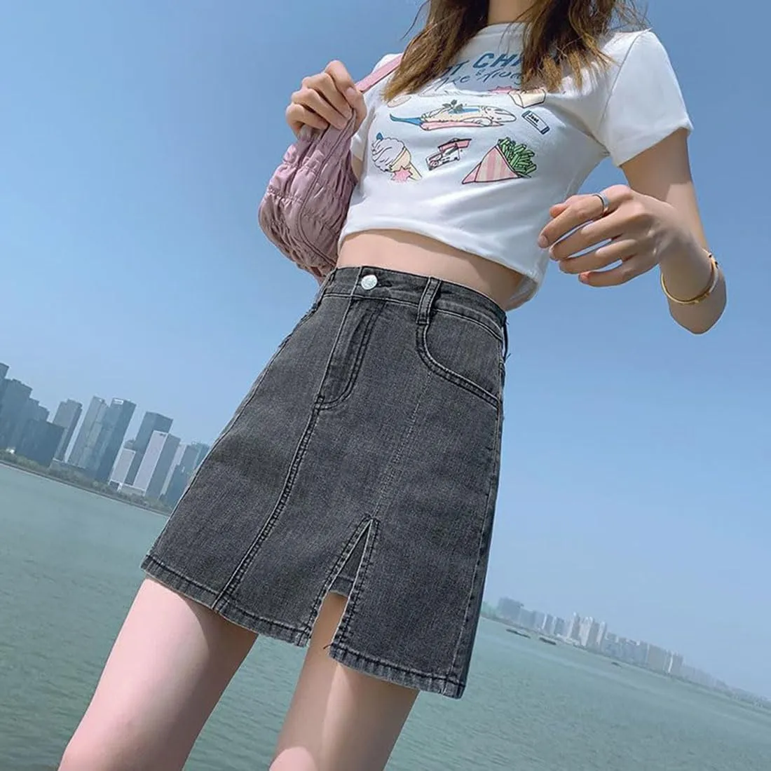 Bloomy Jean Skorts, Woman Fashion High Waisted Casual Stretchy Denim Skirt Side Split Mini Skirts with Pocket