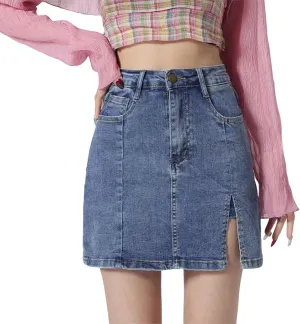 Bloomy Jean Skorts, Woman Fashion High Waisted Casual Stretchy Denim Skirt Side Split Mini Skirts with Pocket
