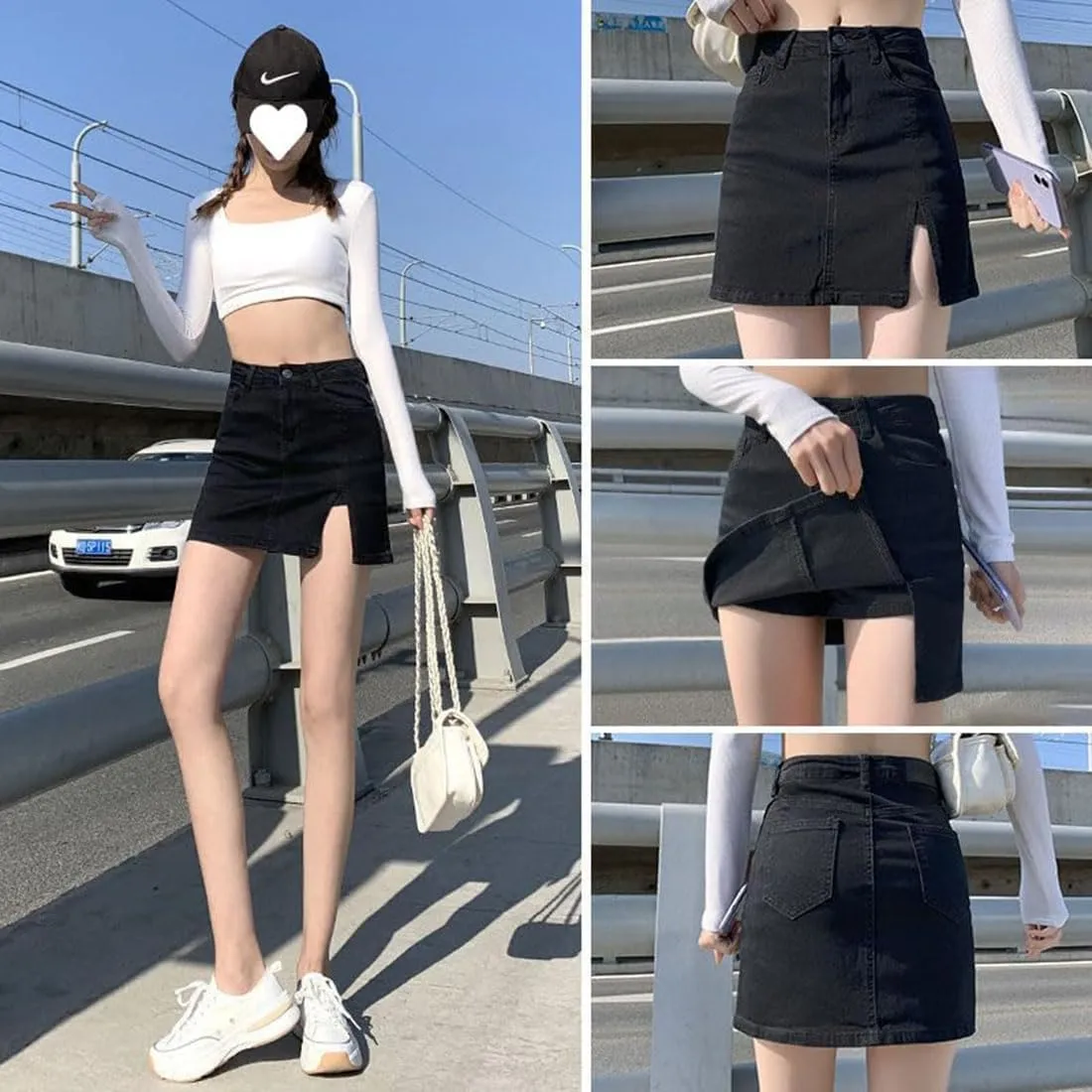 Bloomy Jean Skorts, Woman Fashion High Waisted Casual Stretchy Denim Skirt Side Split Mini Skirts with Pocket