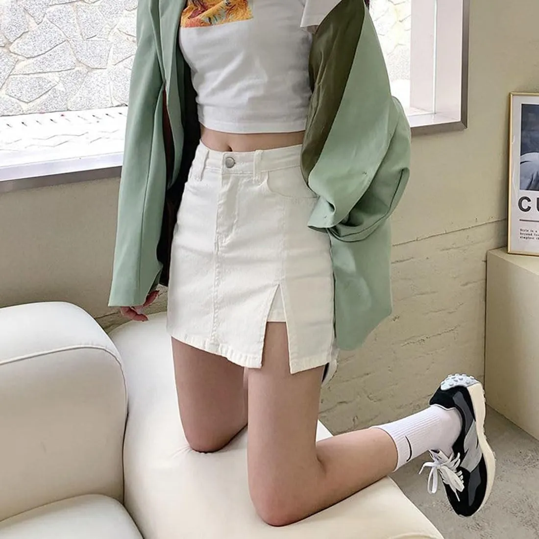 Bloomy Jean Skorts, Woman Fashion High Waisted Casual Stretchy Denim Skirt Side Split Mini Skirts with Pocket