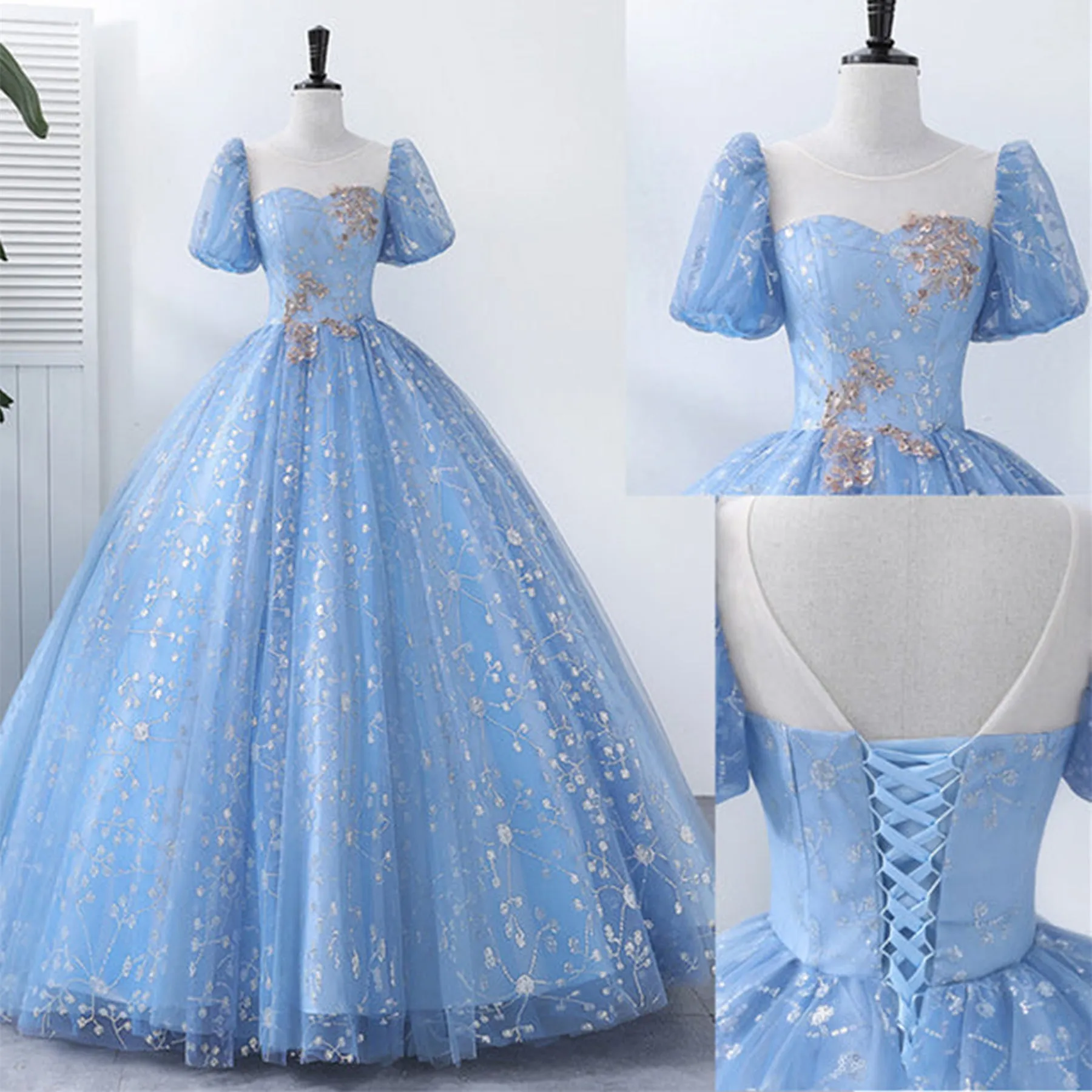 Blue Lace Gorgeous Short Sleeves Long Prom Dresses, Blue Lace Formal Evening Dresses, Blue Ball Gown WT1201
