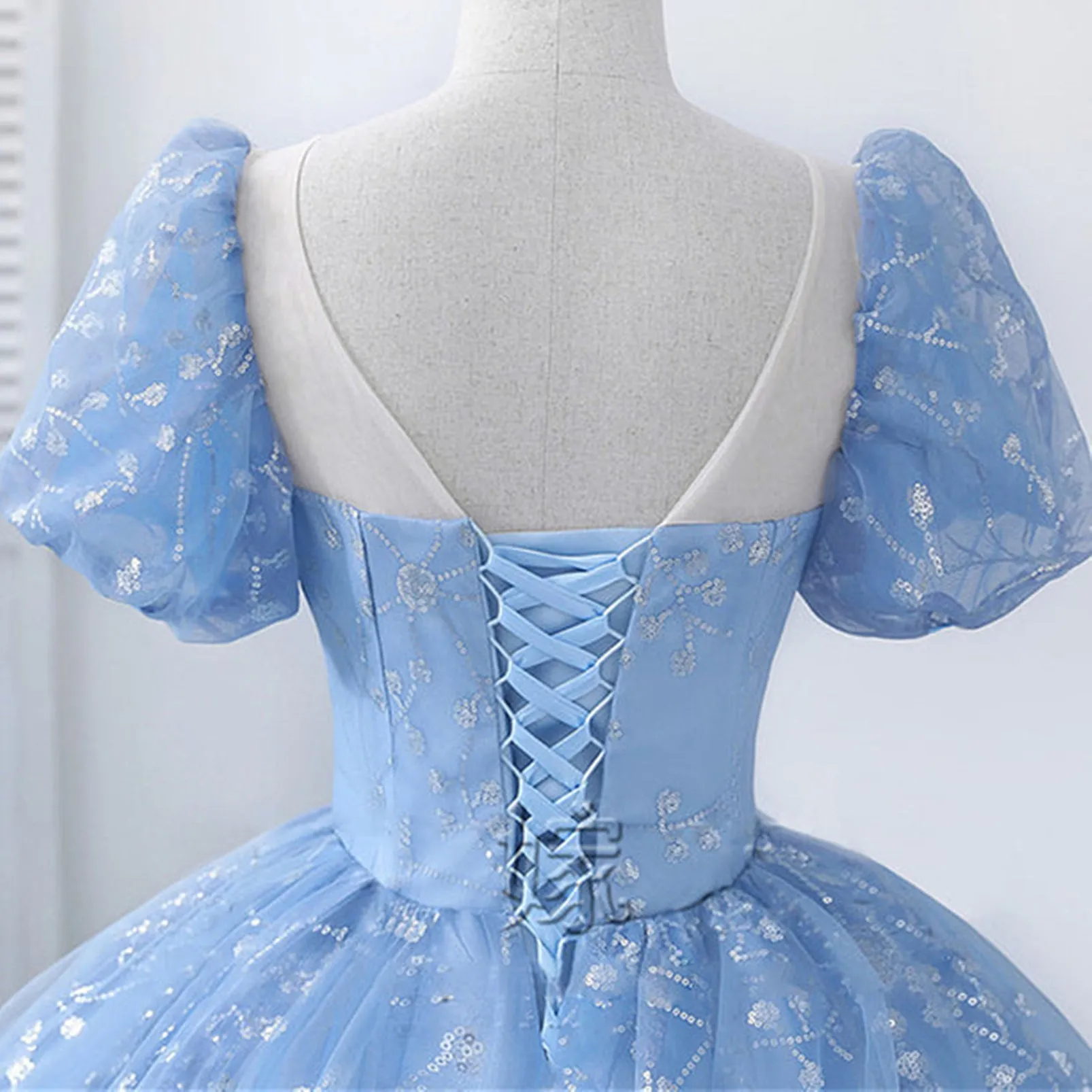 Blue Lace Gorgeous Short Sleeves Long Prom Dresses, Blue Lace Formal Evening Dresses, Blue Ball Gown WT1201