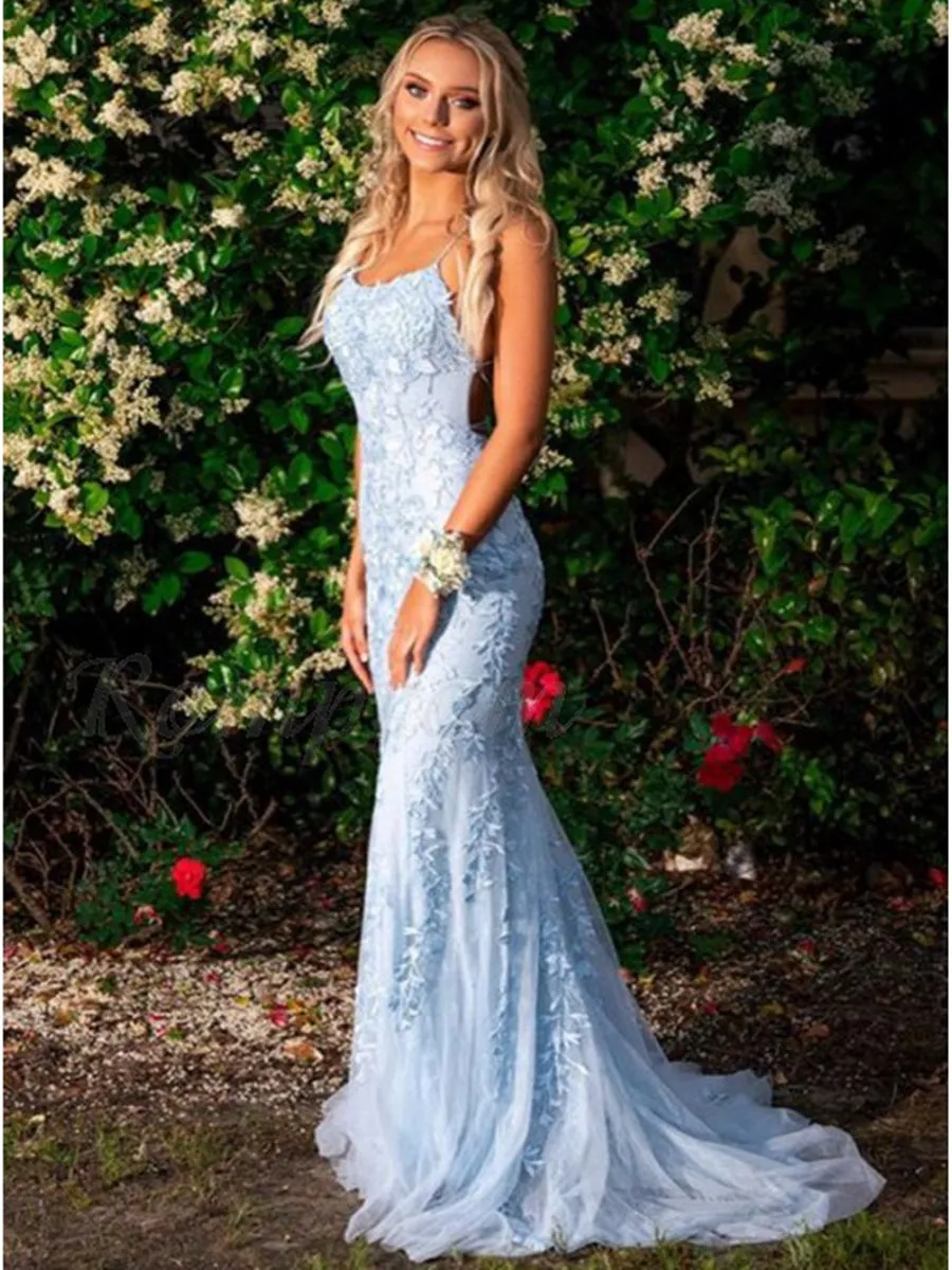 Blue Mermaid Backless Lace Long Prom Dresses, Mermaid Blue Lace Formal Dresses, Evening Dresses