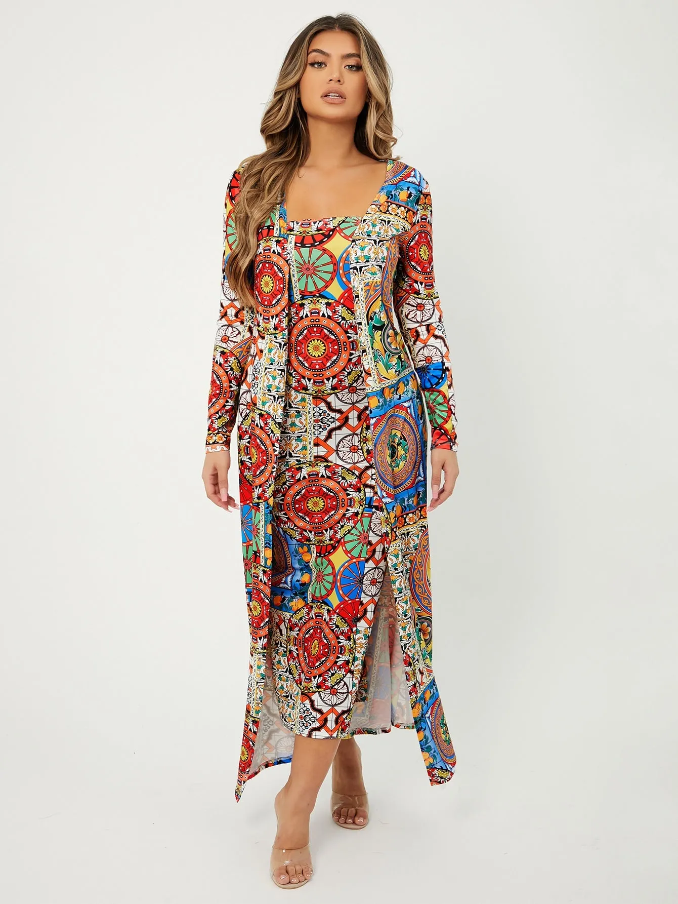 Boho Geometric Long Sleeve Square Neck Women Two-Piece Outfits