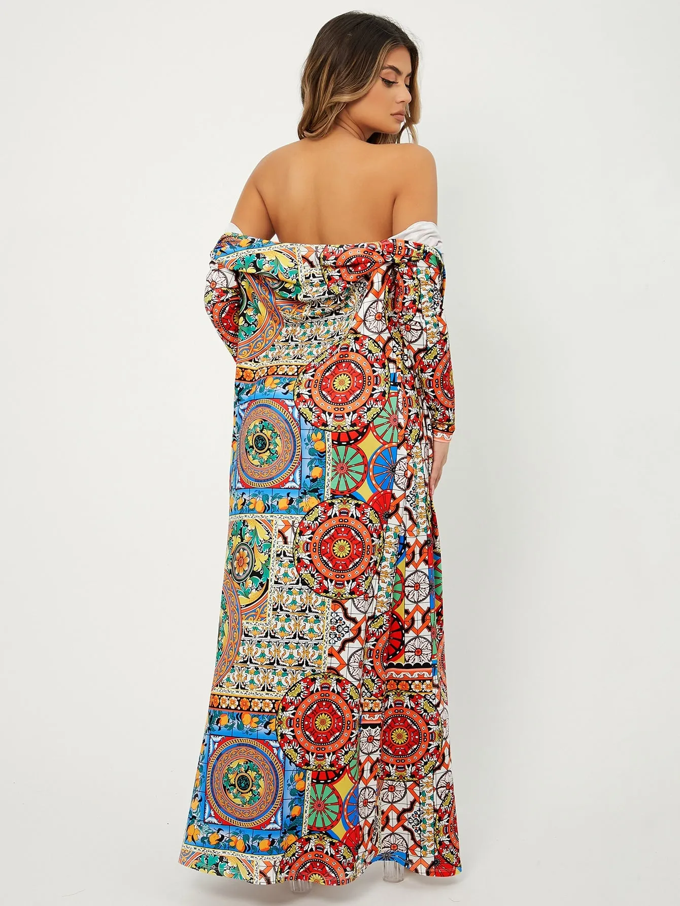 Boho Geometric Long Sleeve Square Neck Women Two-Piece Outfits