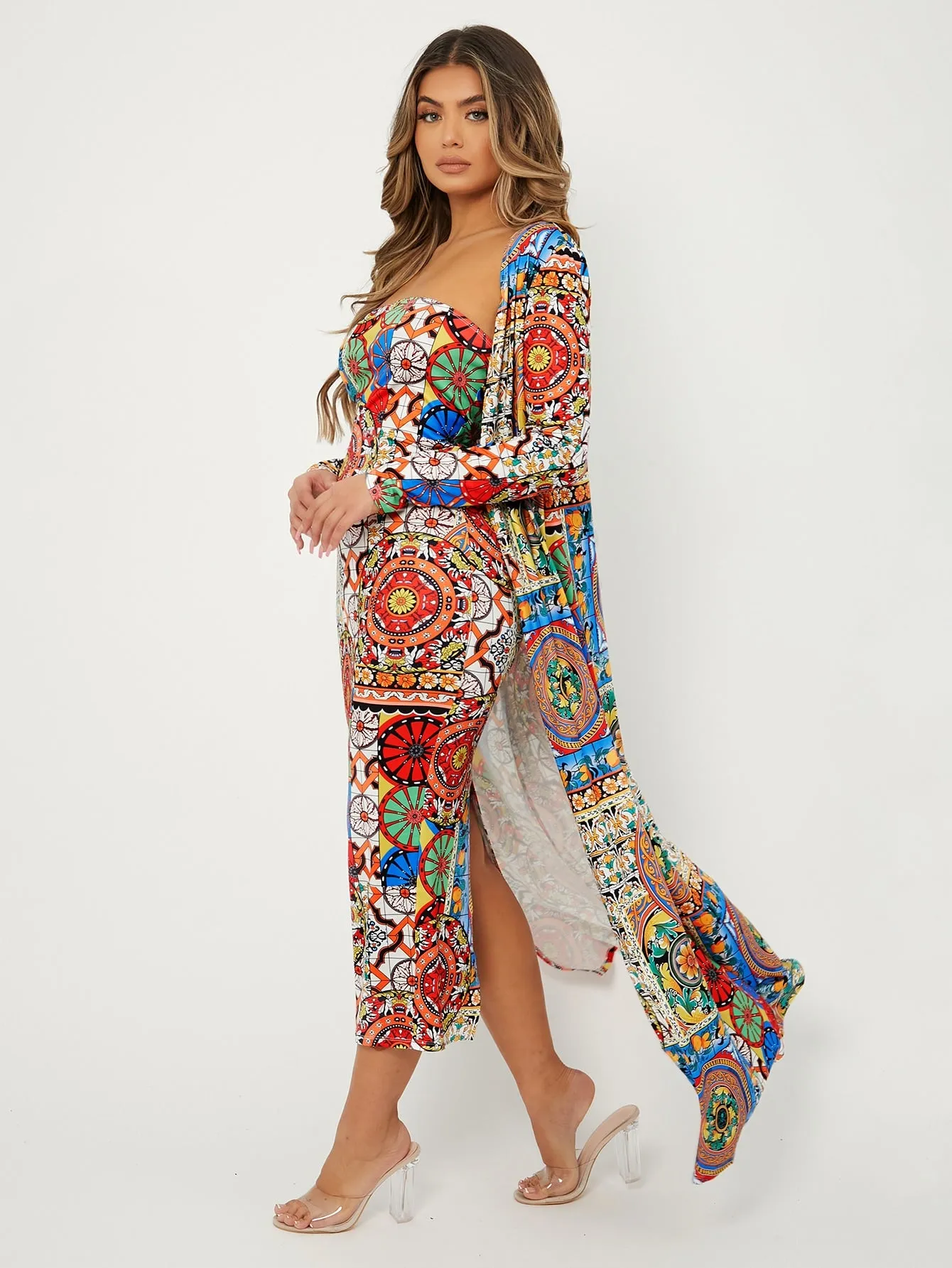 Boho Geometric Long Sleeve Square Neck Women Two-Piece Outfits