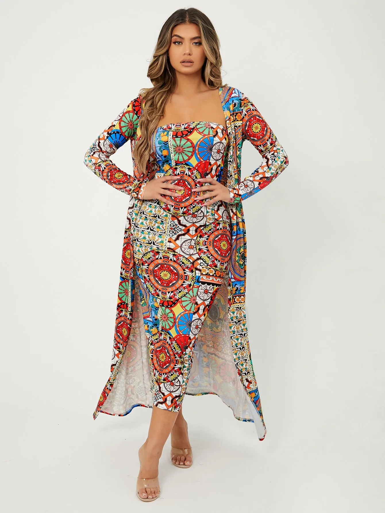 Boho Geometric Long Sleeve Square Neck Women Two-Piece Outfits