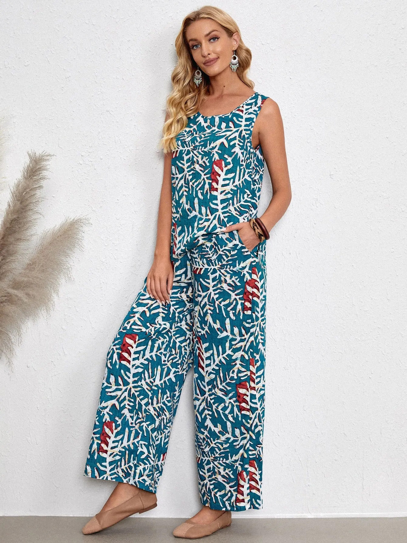 Boho Plants Sleeveless Scoop Neck Women Two-Piece Outfits