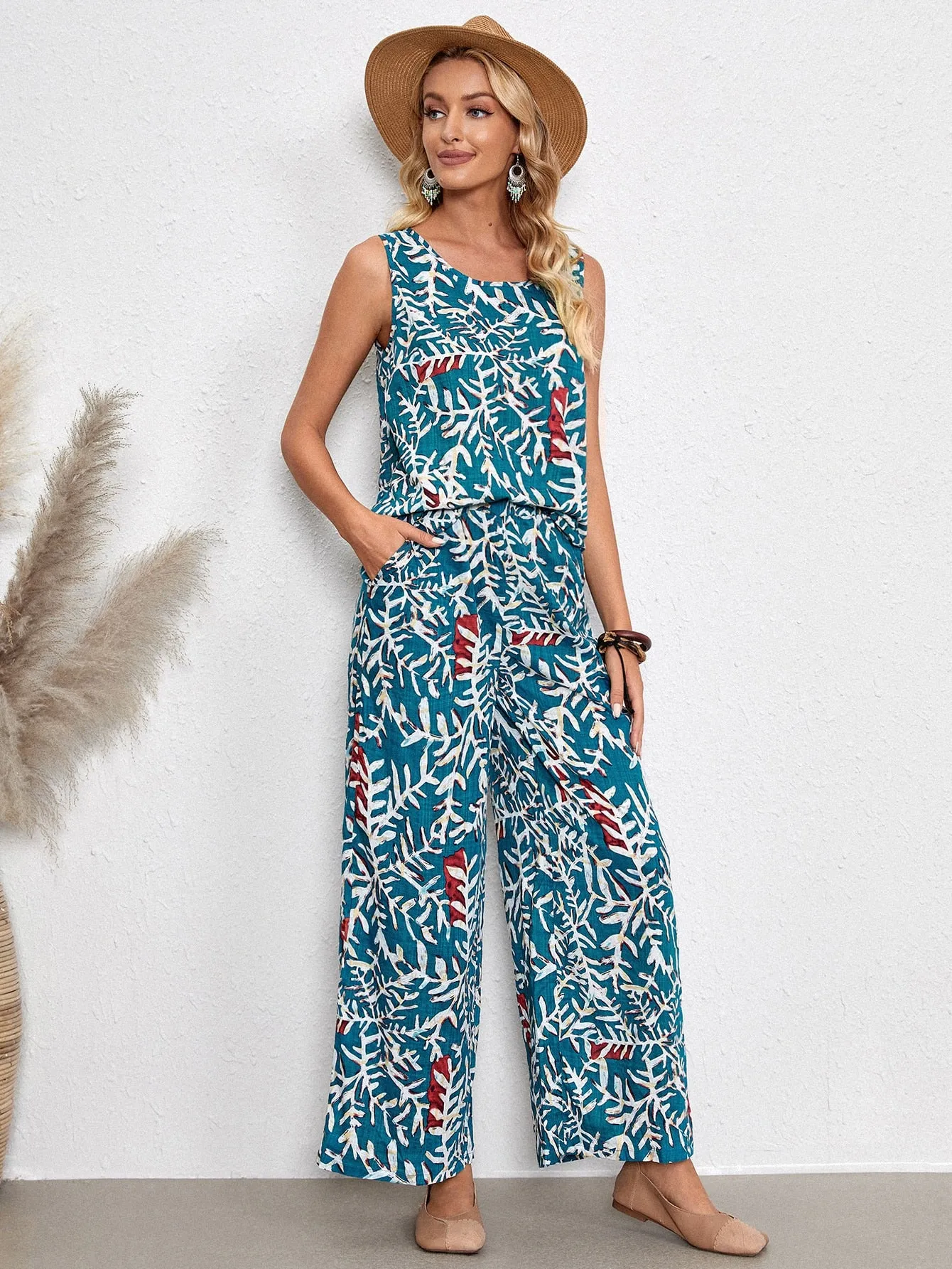 Boho Plants Sleeveless Scoop Neck Women Two-Piece Outfits