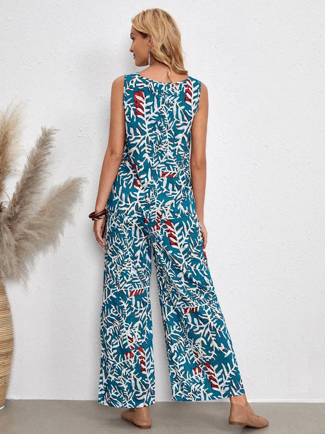 Boho Plants Sleeveless Scoop Neck Women Two-Piece Outfits