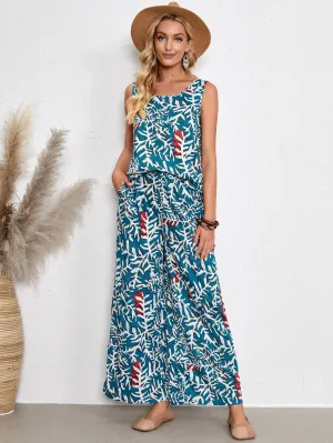 Boho Plants Sleeveless Scoop Neck Women Two-Piece Outfits