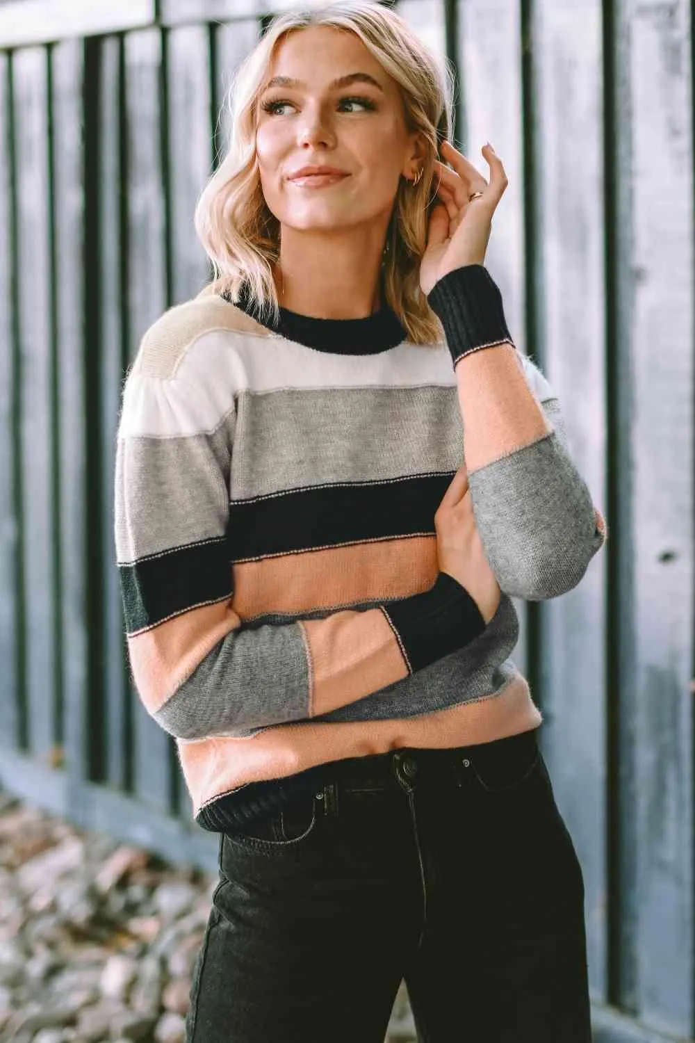 Bubbly And Warm Striped Crew Neck Sweater