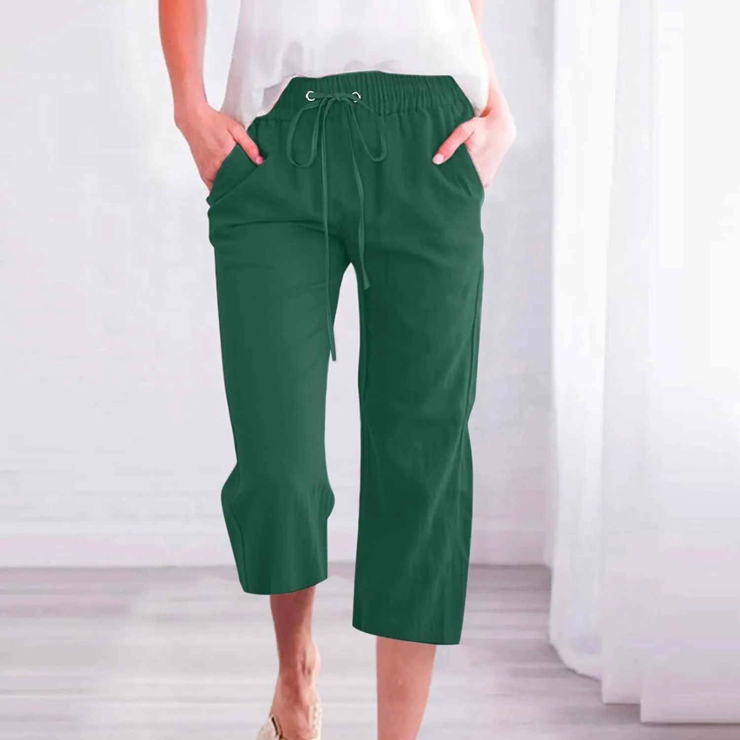 Capris Pants for Women Cotton Linen Casual Summer 2025 Straight Leg Loose Drawstring Elastic Waist Cropped Trouser