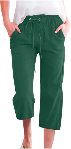 Capris Pants for Women Cotton Linen Casual Summer 2025 Straight Leg Loose Drawstring Elastic Waist Cropped Trouser