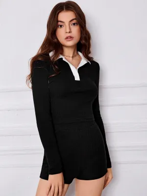 Casual Colorblock Button Front Long Sleeve Collar Women Two-Piece Outfits