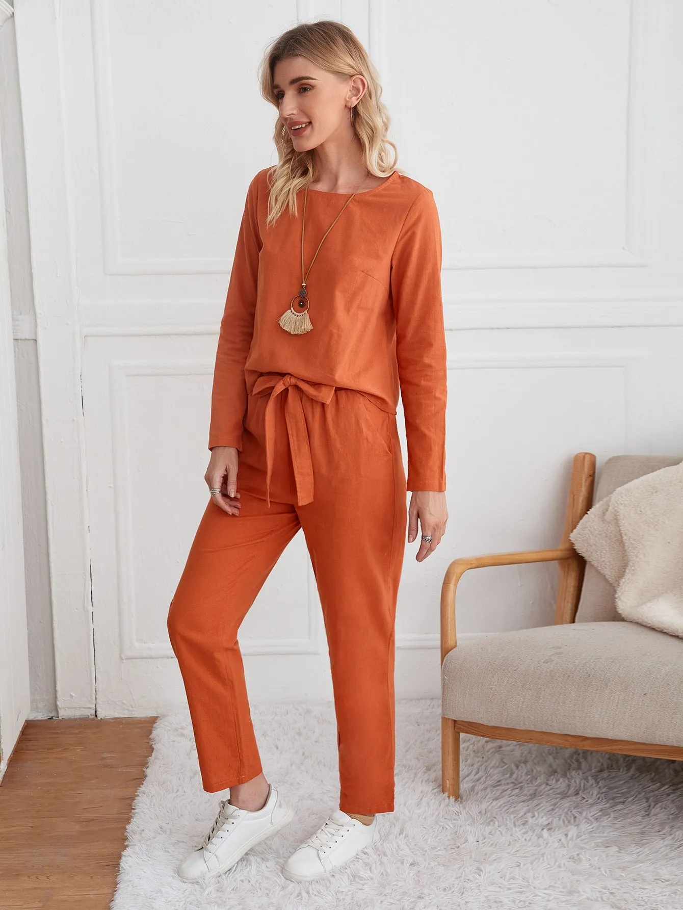 Casual Plain Belted Long Sleeve Round Neck Women Two-Piece Outfits