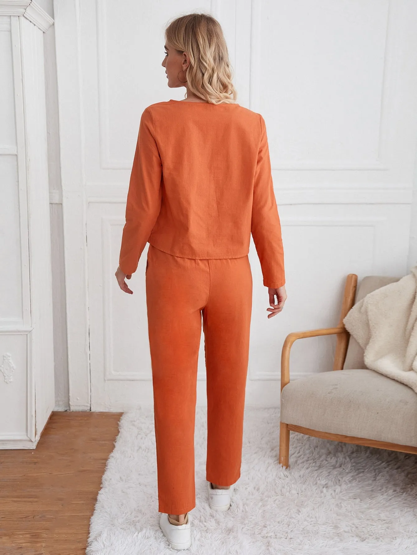 Casual Plain Belted Long Sleeve Round Neck Women Two-Piece Outfits