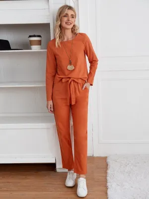 Casual Plain Belted Long Sleeve Round Neck Women Two-Piece Outfits