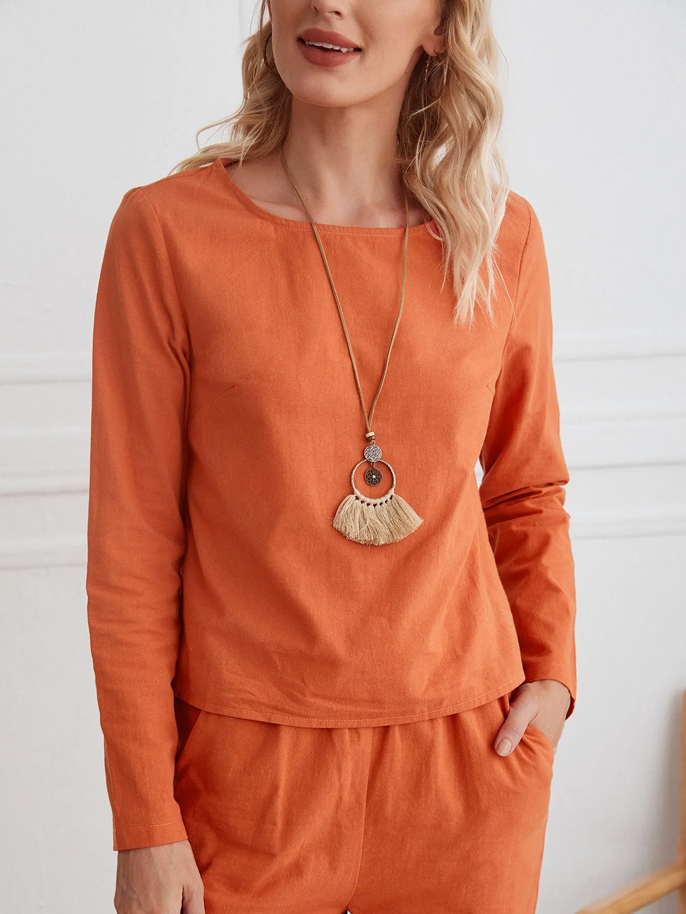 Casual Plain Belted Long Sleeve Round Neck Women Two-Piece Outfits