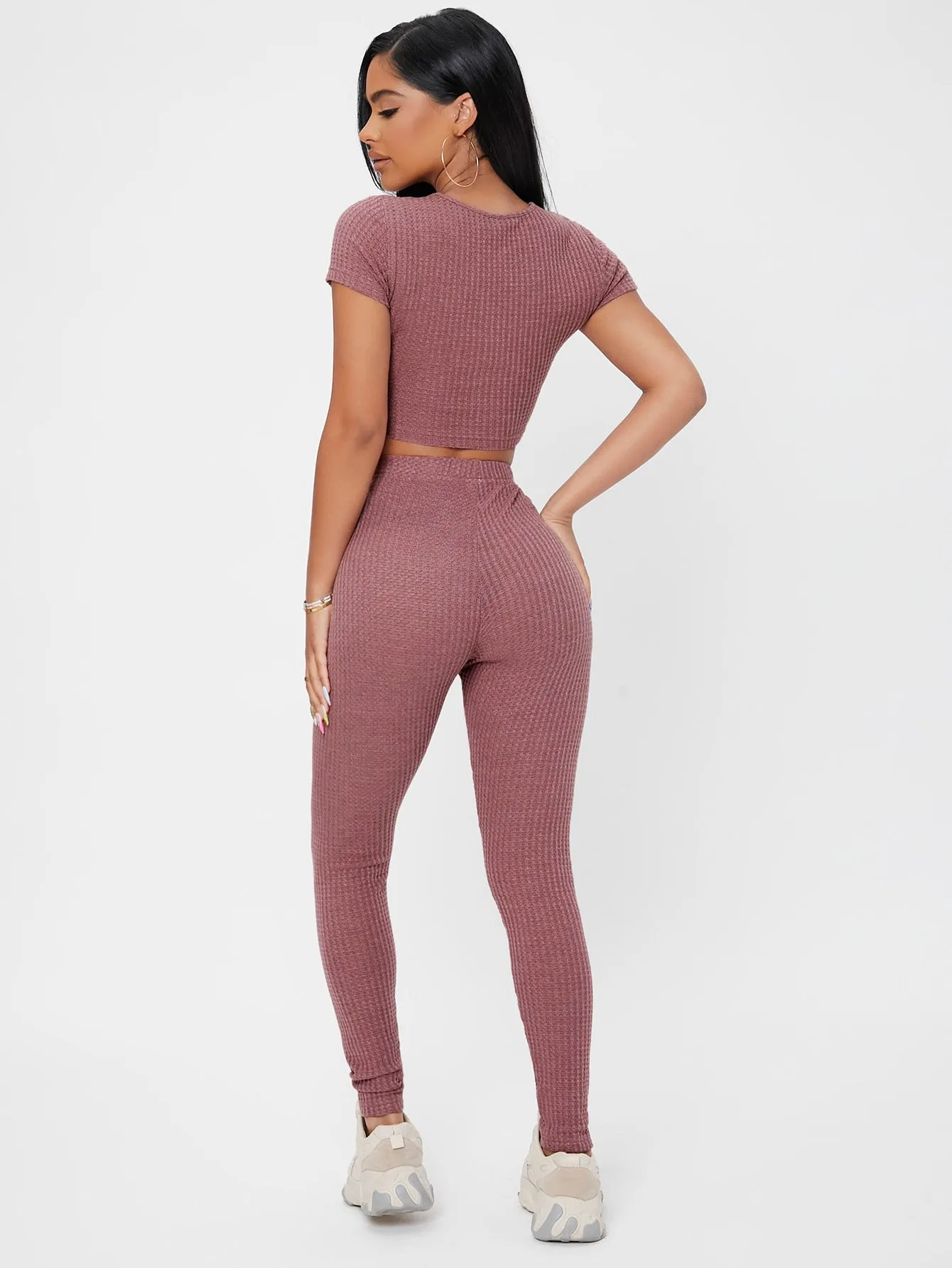 Casual Plain Knot Short Sleeve Round Neck Women Two-Piece Outfits
