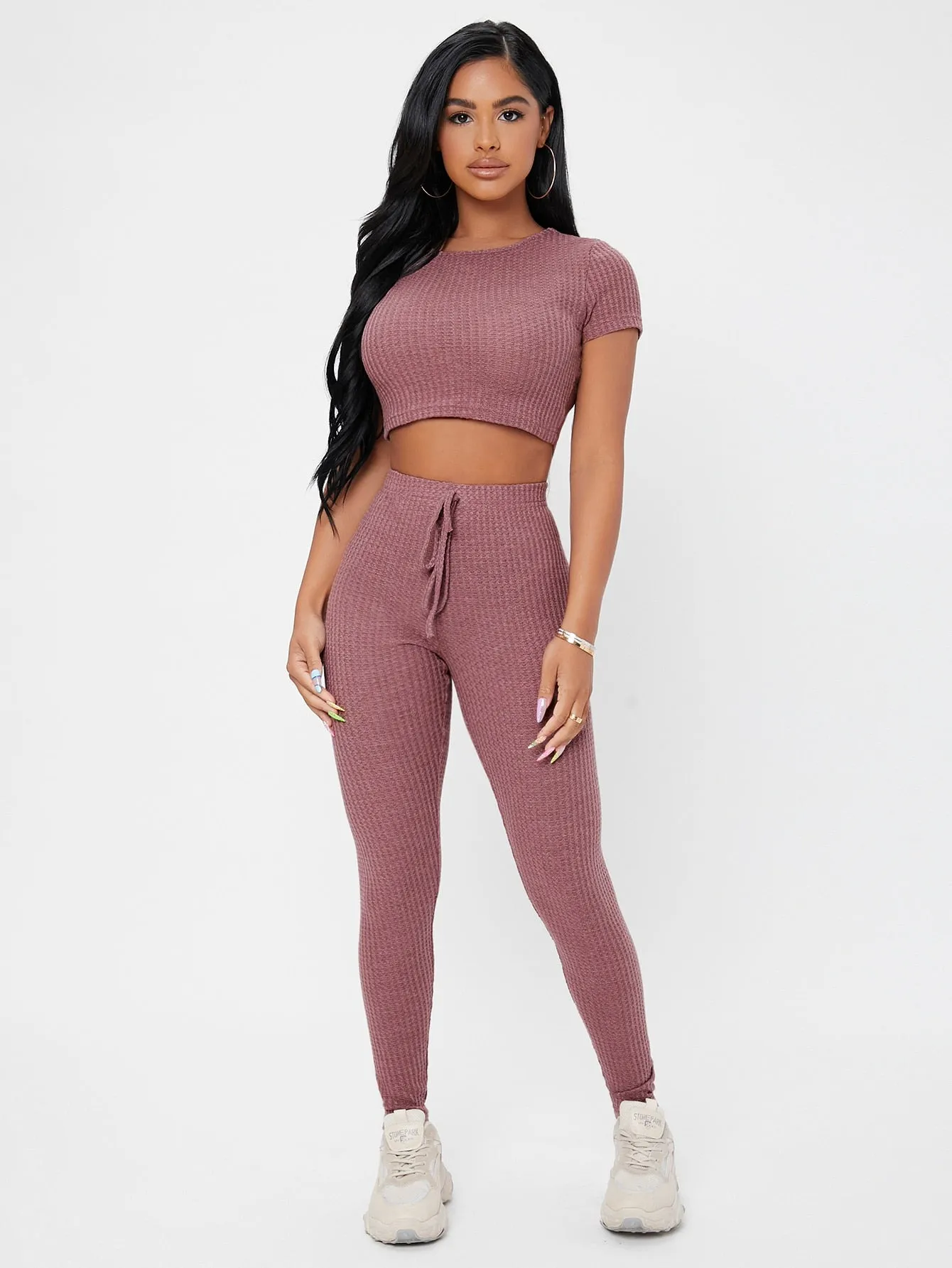 Casual Plain Knot Short Sleeve Round Neck Women Two-Piece Outfits