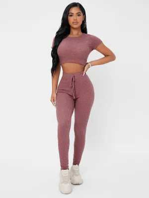 Casual Plain Knot Short Sleeve Round Neck Women Two-Piece Outfits