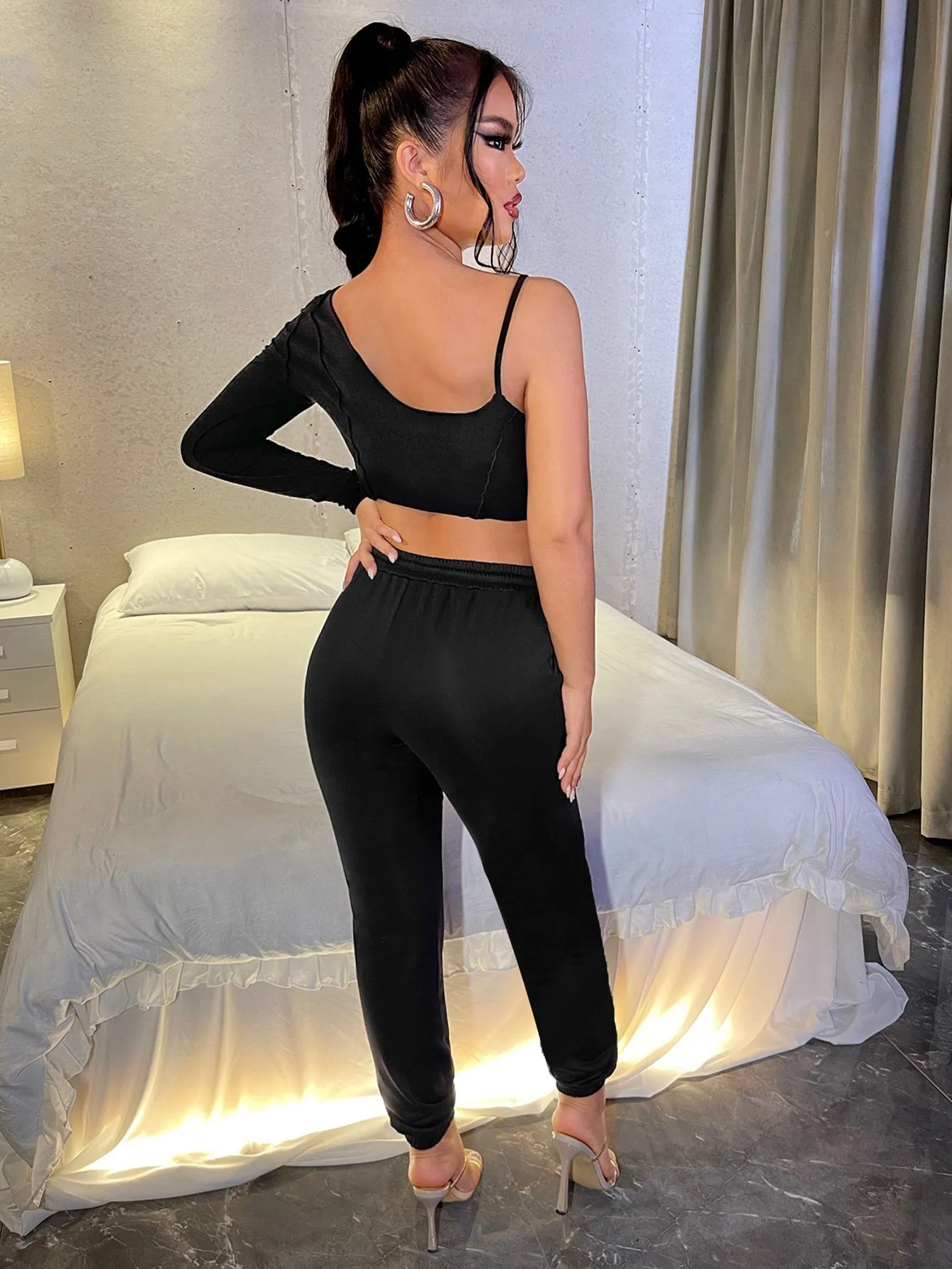 Casual Plain Pocket Long Sleeve One Shoulder Women Two-Piece Outfits