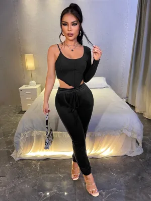 Casual Plain Pocket Long Sleeve One Shoulder Women Two-Piece Outfits