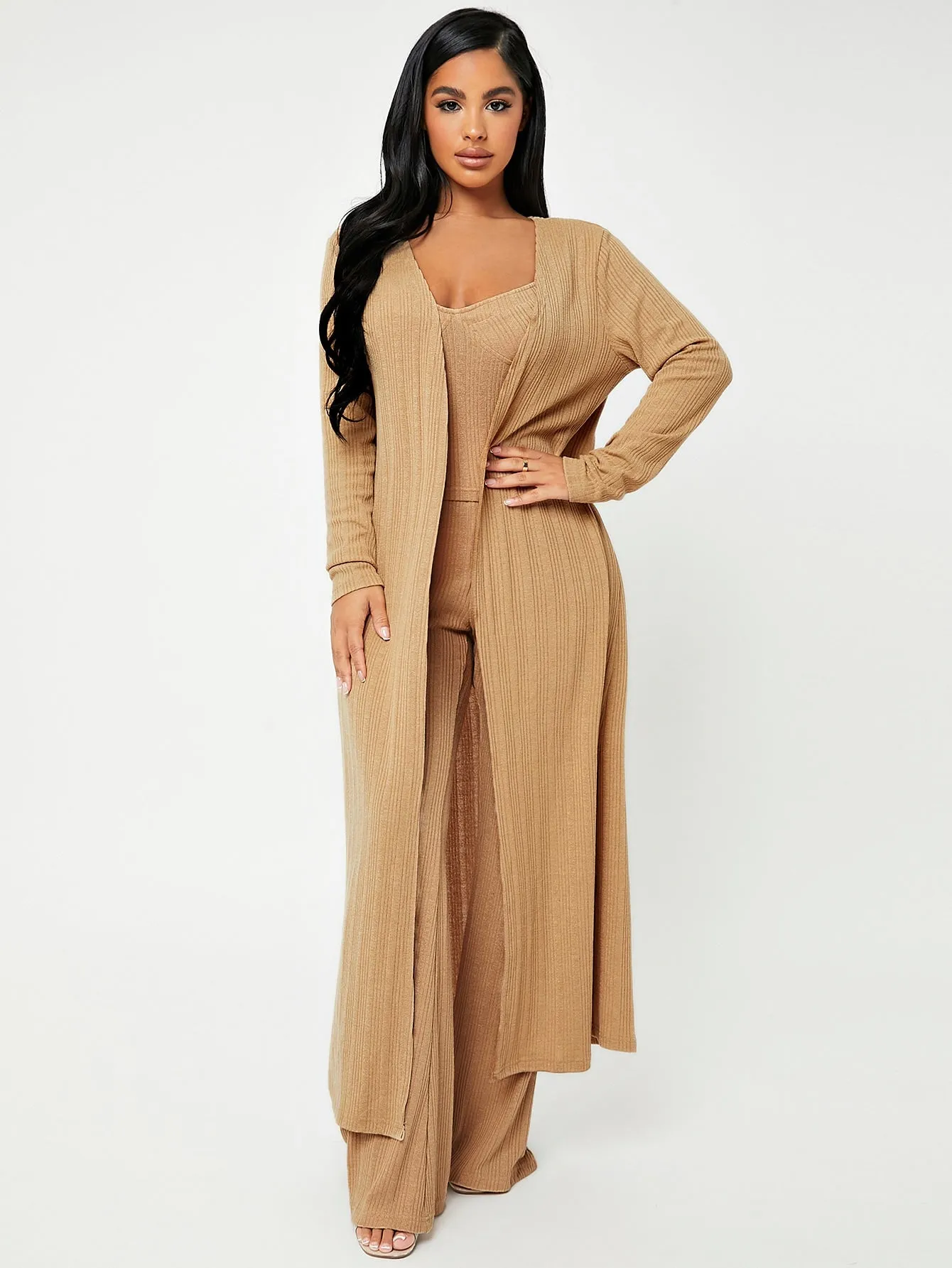 Casual Plain Rib-Knit Long Sleeve Spaghetti Strap Women Two-Piece Outfits