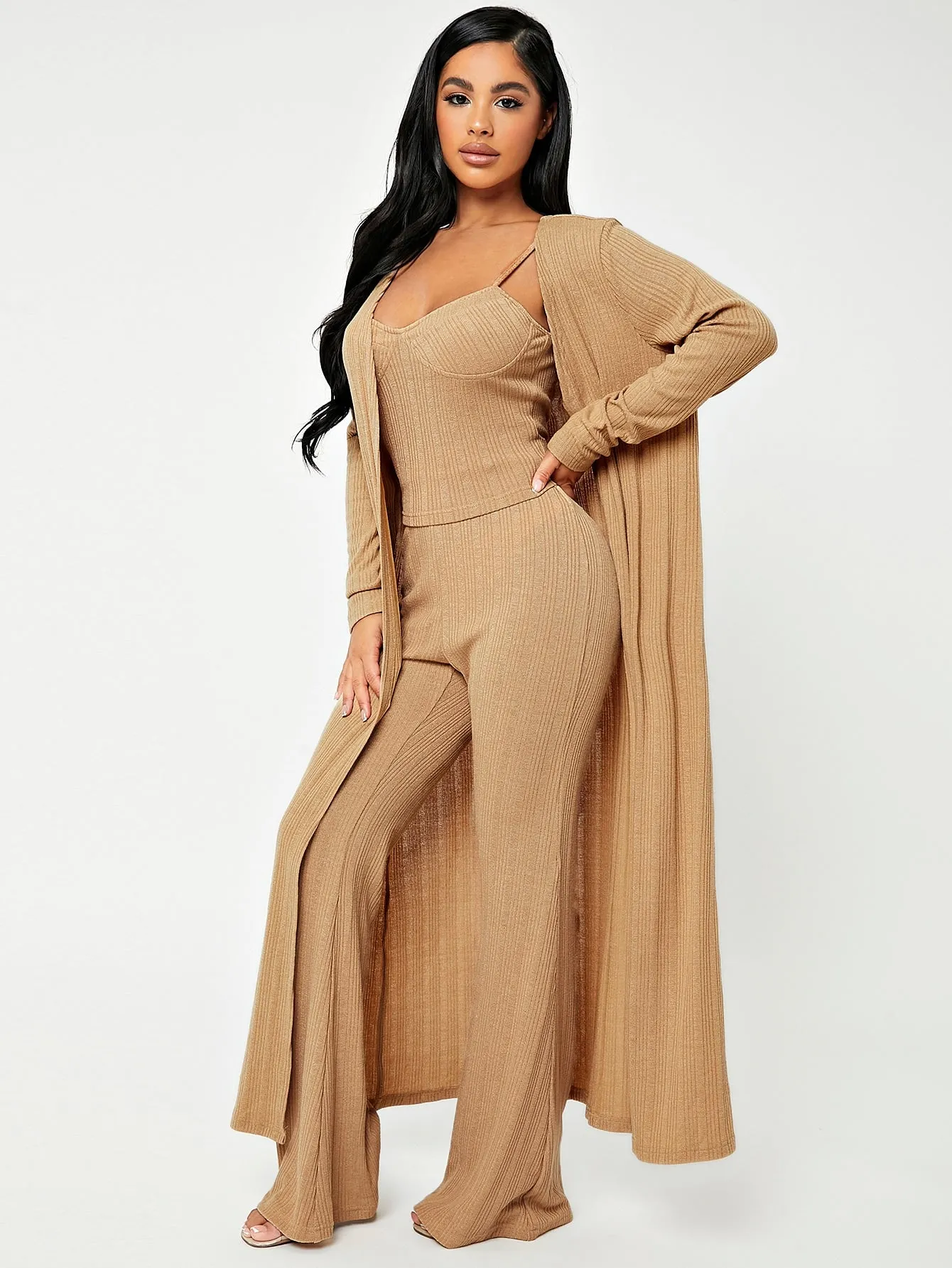Casual Plain Rib-Knit Long Sleeve Spaghetti Strap Women Two-Piece Outfits